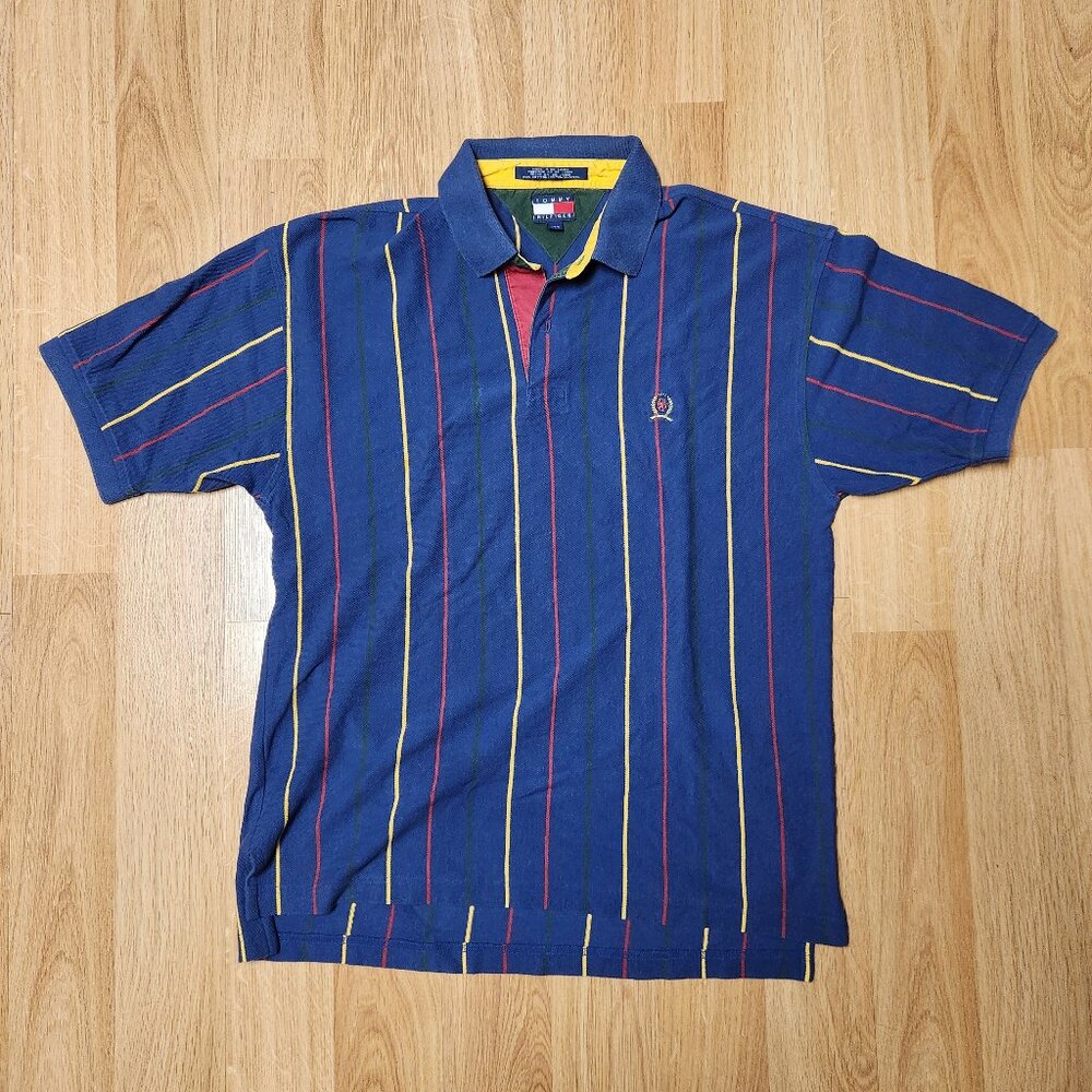 Tommy Hilfiger vertical stripes polo shirt men sz L vintage crest logo